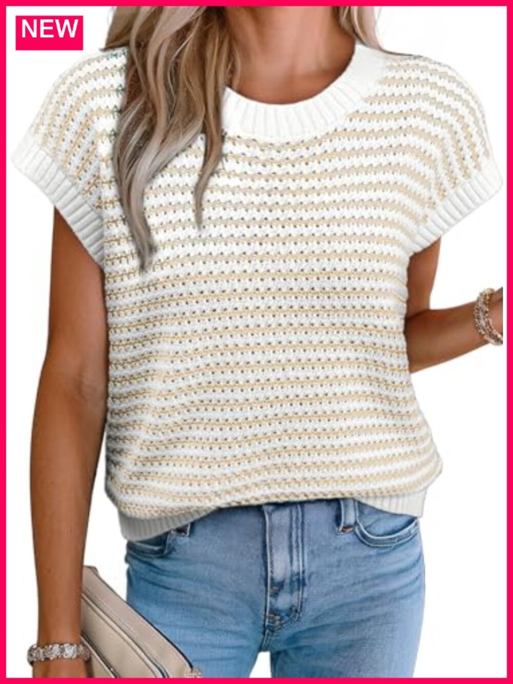 Cap Sleeve Striped Sweater Vest Round Neck Ribbed Knit Tank Top